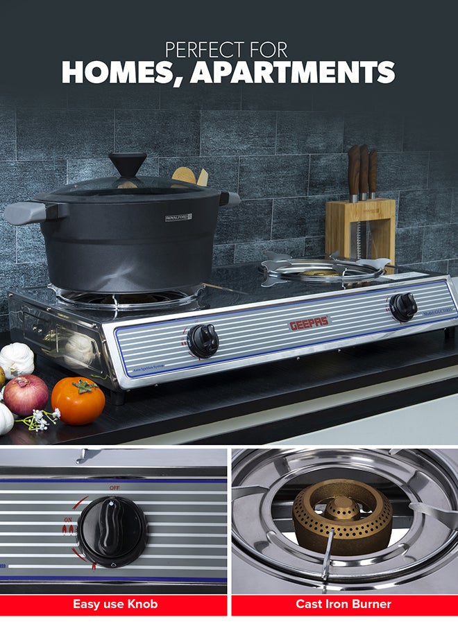 GEEPAS Stainless Steel Gas Cooker| 2 Heavy Duty Cast Iron Burner With Electroplated Pan Support| Low Gas Consumption And Energy Efficient Burners| Auto Ignition System, LPG Gas Stove, Perfect For Homes, Apartments, 2 Years Warranty GGC31033 Silver - Image 5