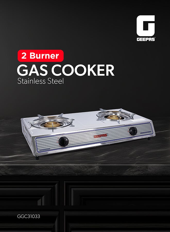 GEEPAS Stainless Steel Gas Cooker| 2 Heavy Duty Cast Iron Burner With Electroplated Pan Support| Low Gas Consumption And Energy Efficient Burners| Auto Ignition System, LPG Gas Stove, Perfect For Homes, Apartments, 2 Years Warranty GGC31033 Silver - Image 2