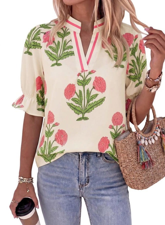 Cicy Bell Womens Boho Floral Blouses Puff Ruffle Sleeve V Neck Summer Shirts Dressy Casual Flowy Blouse Tops, Beige, M - Image 1