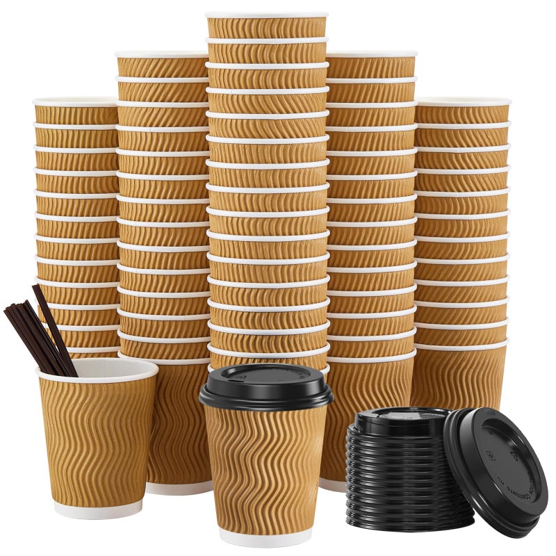 SIUQ 90 Pack - 8 oz Disposable Coffee Cups with Lids and Straws,To go Coffee Cups,Insulated Corrugated Paper Cups,Kraft Ripple Wall Cups for Hot Beverage or Cold Drinks -Champagne - Image 1