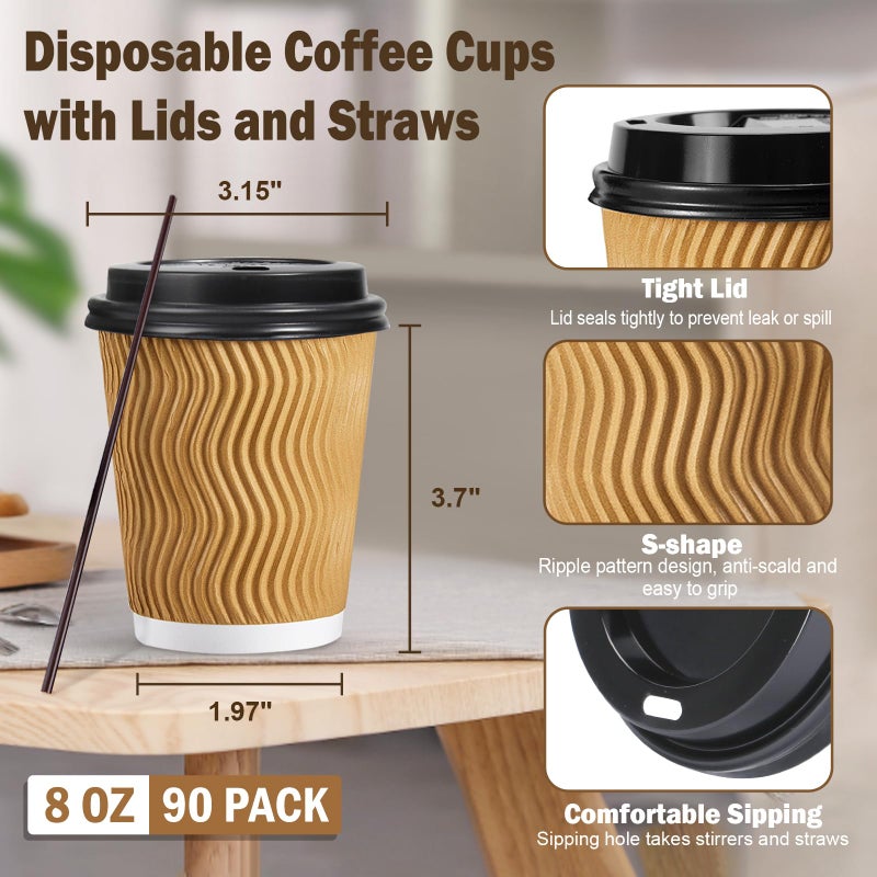SIUQ 90 Pack - 8 oz Disposable Coffee Cups with Lids and Straws,To go Coffee Cups,Insulated Corrugated Paper Cups,Kraft Ripple Wall Cups for Hot Beverage or Cold Drinks -Champagne - Image 2