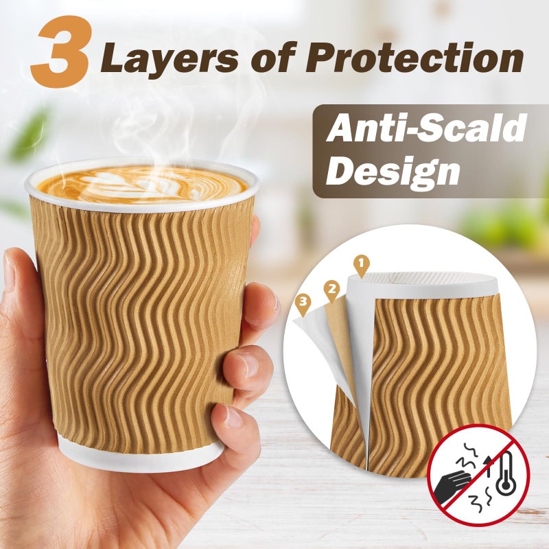 SIUQ 90 Pack - 8 oz Disposable Coffee Cups with Lids and Straws,To go Coffee Cups,Insulated Corrugated Paper Cups,Kraft Ripple Wall Cups for Hot Beverage or Cold Drinks -Champagne - Image 3