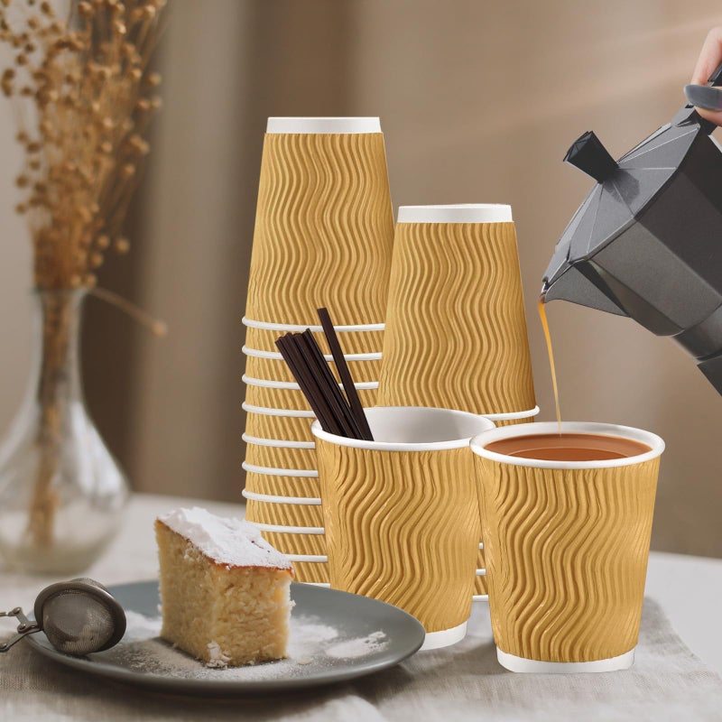 SIUQ 90 Pack - 8 oz Disposable Coffee Cups with Lids and Straws,To go Coffee Cups,Insulated Corrugated Paper Cups,Kraft Ripple Wall Cups for Hot Beverage or Cold Drinks -Champagne - Image 5