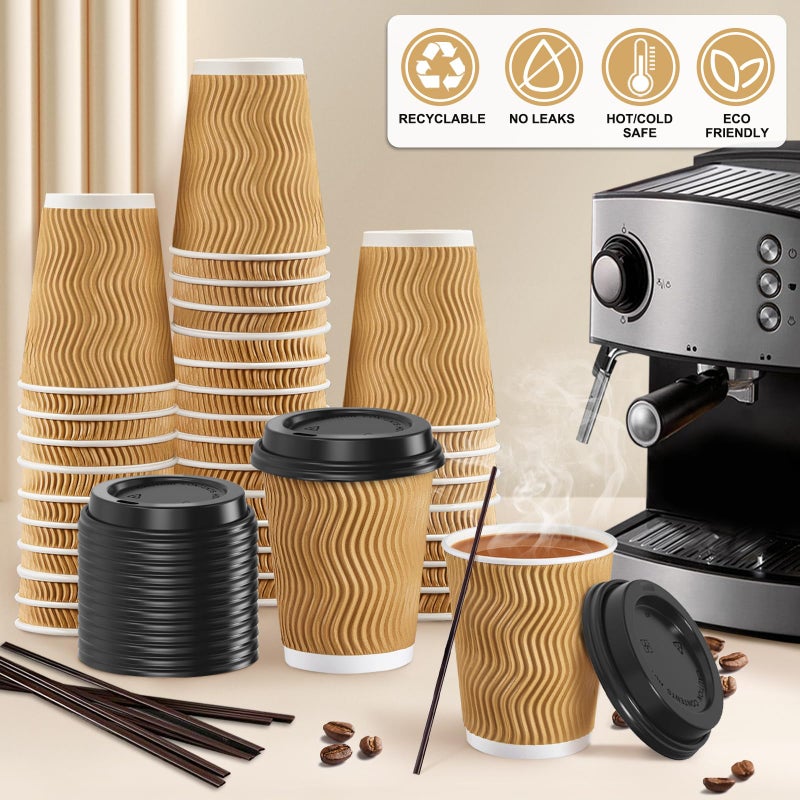 SIUQ 90 Pack - 8 oz Disposable Coffee Cups with Lids and Straws,To go Coffee Cups,Insulated Corrugated Paper Cups,Kraft Ripple Wall Cups for Hot Beverage or Cold Drinks -Champagne - Image 4