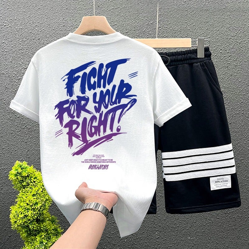 [2-Piece Set] Mens Large Size Cotton Short-Sleeved T-Shirt Summer Loose Half-Sleeved T-Shirt Sports Drawstring Shorts White - Image 1