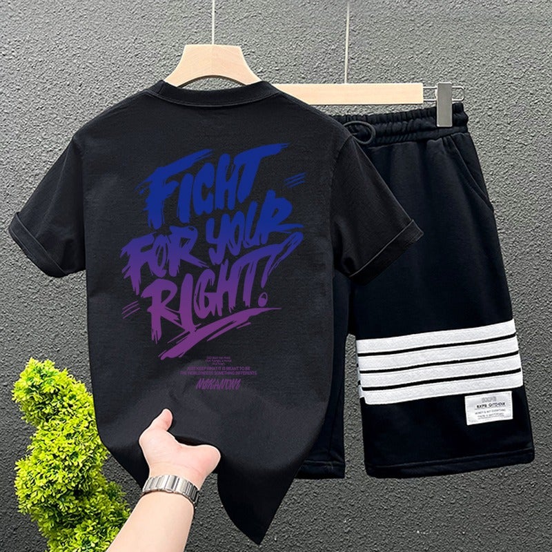 [2-Piece Set] Mens Large Size Cotton Short-Sleeved T-Shirt Summer Loose Half-Sleeved T-Shirt Sports Drawstring Shorts White - Image 2