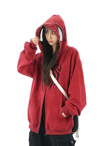 OATSBAS Y2K Hip Hop Spider Hoodie for Women Men Graphic Full Zip up Hoodies Oversized Kawaii Hoodies Spider Jacket (Red,Medium) - Image 1