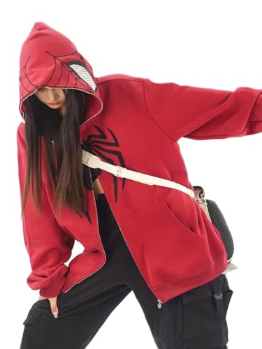 OATSBAS Y2K Hip Hop Spider Hoodie for Women Men Graphic Full Zip up Hoodies Oversized Kawaii Hoodies Spider Jacket (Red,Medium) - Image 3