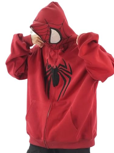OATSBAS Y2K Hip Hop Spider Hoodie for Women Men Graphic Full Zip up Hoodies Oversized Kawaii Hoodies Spider Jacket (Red,Medium) - Image 2