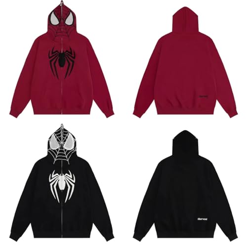 OATSBAS Y2K Hip Hop Spider Hoodie for Women Men Graphic Full Zip up Hoodies Oversized Kawaii Hoodies Spider Jacket (Red,Medium) - Image 5