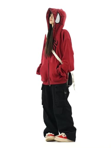 OATSBAS Y2K Hip Hop Spider Hoodie for Women Men Graphic Full Zip up Hoodies Oversized Kawaii Hoodies Spider Jacket (Red,Medium) - Image 4