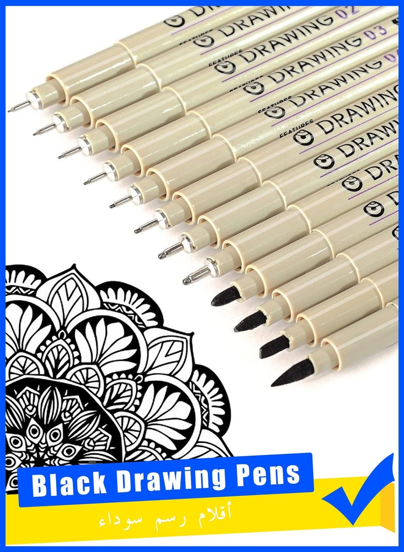 Leto 12 Pieces Black Drawing Pens Set, Liquid Fineliner Pens, Art Pens Set, Waterproof Pens, Quick Drying Micro Fine Point Drawing Pens for Artist, Manga Pens, for Sketching, Technical Drawing - Image 1