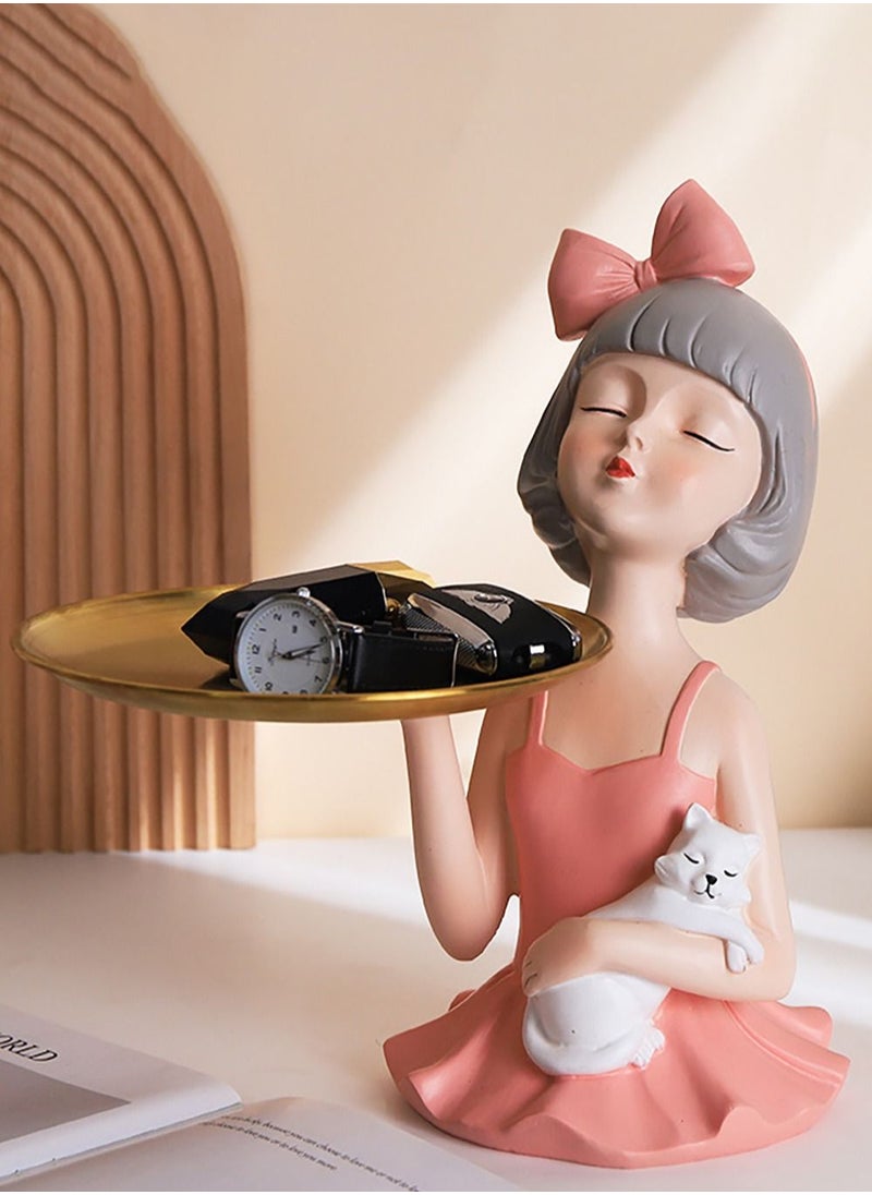 Merry Moments Modern Decor Resin Tray Statue Tray Storage Key Holder Candy Jewelry Earrings Tray Suitable for Home Decor Modern Art Dining Table Decor Office Small Object Tray Cat Pink 13x28cm Type D  - Image 2