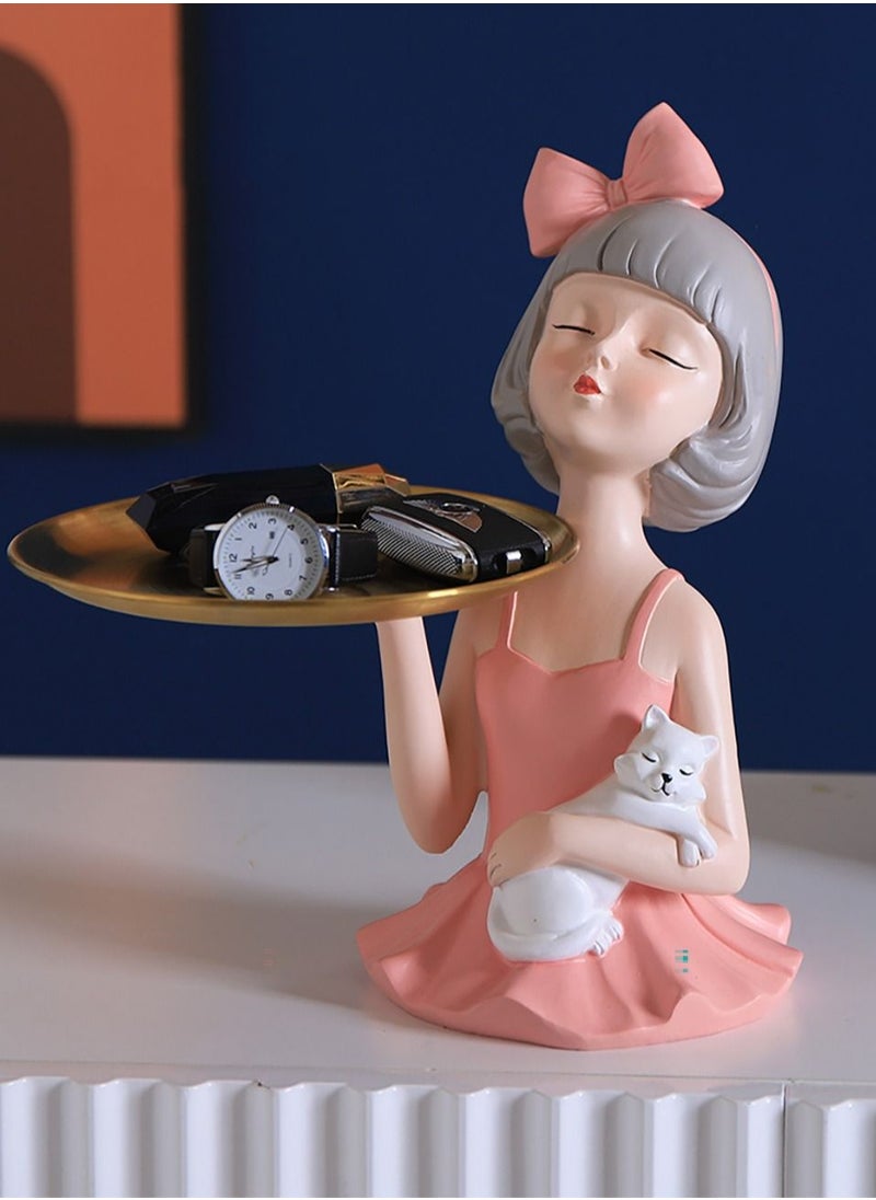 Merry Moments Modern Decor Resin Tray Statue Tray Storage Key Holder Candy Jewelry Earrings Tray Suitable for Home Decor Modern Art Dining Table Decor Office Small Object Tray Cat Pink 13x28cm Type D  - Image 3