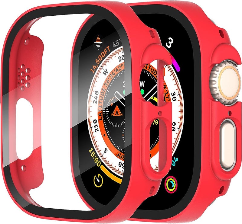 NEXT STORE Apple Watch Ultra 49mm Tempered Glass Screen Protector, Ultra-Thin Hard PC Case, Shockproof All-Around Protective Cover, Red - Image 3