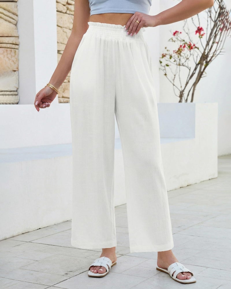 GRAPENT Elastic Waist Pants for Women Wide Leg Linen Pants for Women Ankle Casual Summer White Palazzo Womens Pull On Trousers Ladies Linen Summer 2026 White Size Large US 12 to 14 - Image 3