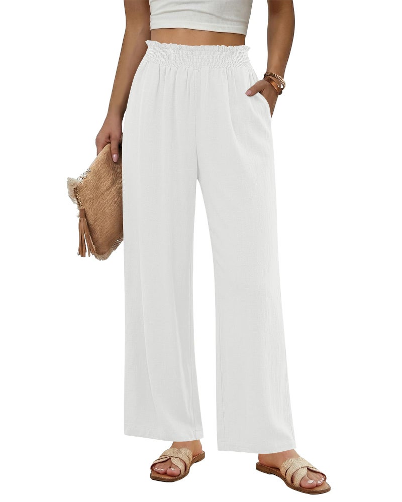 GRAPENT Elastic Waist Pants for Women Wide Leg Linen Pants for Women Ankle Casual Summer White Palazzo Womens Pull On Trousers Ladies Linen Summer 2026 White Size Large US 12 to 14 - Image 1