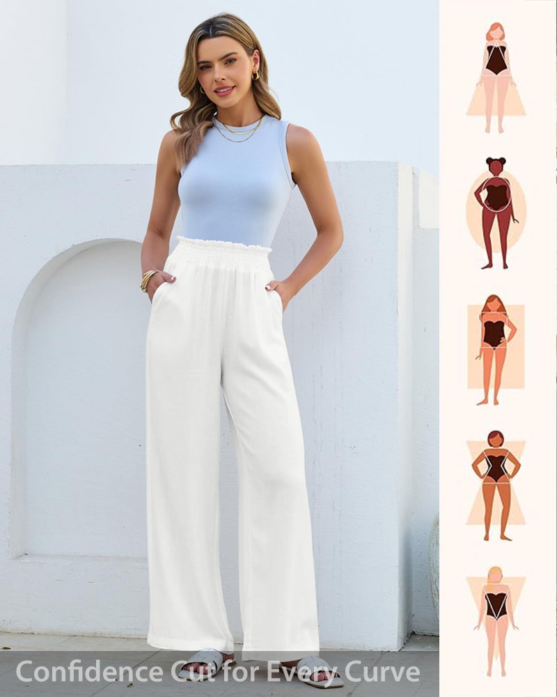 GRAPENT Elastic Waist Pants for Women Wide Leg Linen Pants for Women Ankle Casual Summer White Palazzo Womens Pull On Trousers Ladies Linen Summer 2026 White Size Large US 12 to 14 - Image 5