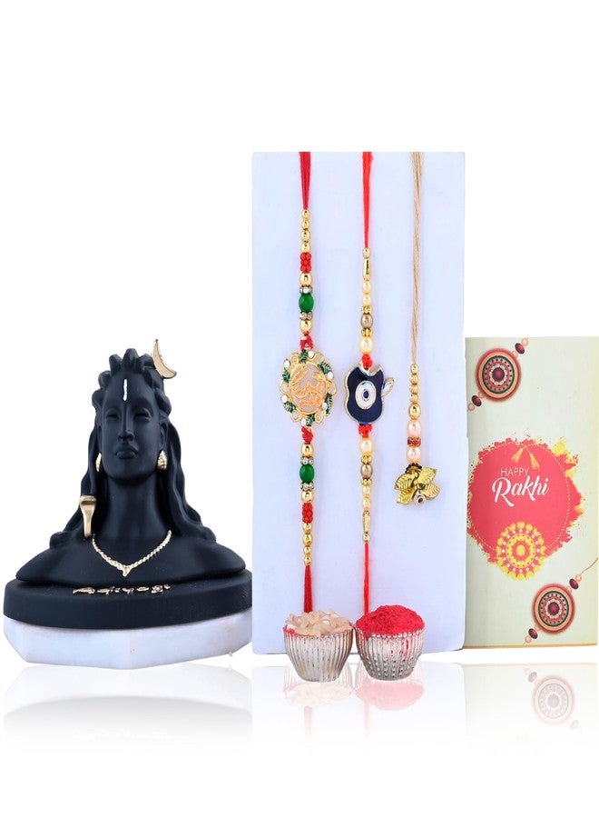 Great Art Rakhi Gift for Brother with Rakhi Gift Combo for Brother Best Gift for Bhaiya Bhabhi +Adiyogi Shiva Statue for Car Dash Board + Rakhi Set of-3 +Roli Chawal + Free Rakhi Card-200-2 - Image 2