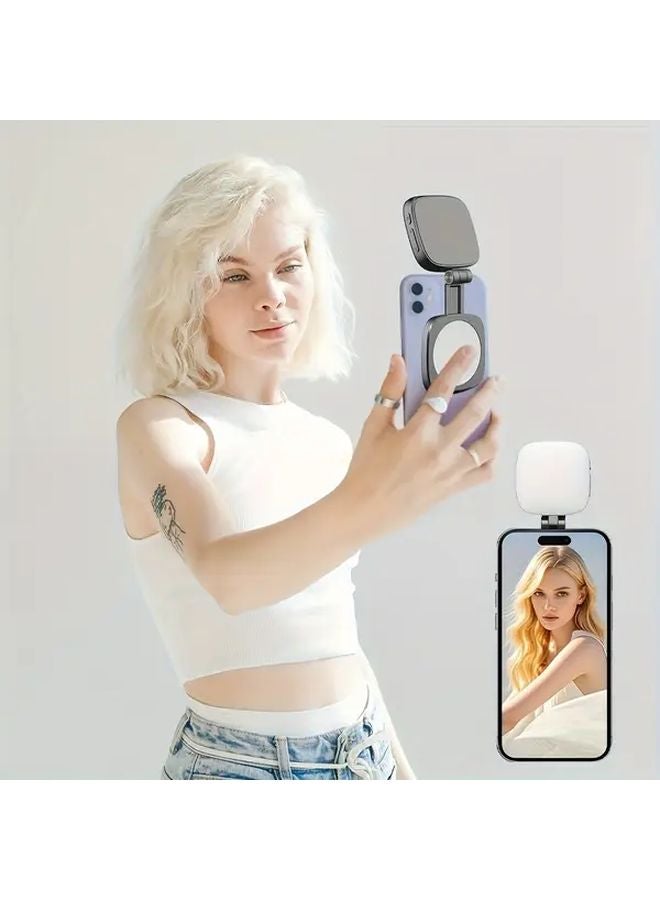 White Portable Magnetic Selfie Light Foldable LED Phone Fill Light with Telescopic Mirror - Image 2