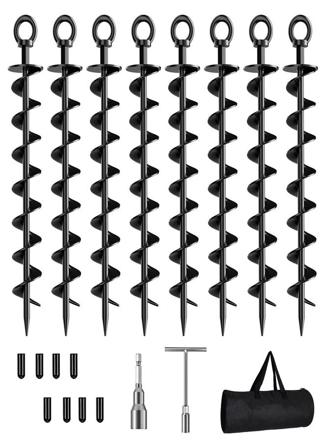 Phopich Ground Anchors Screw in, 8 Pack Spiral Trampoline Anchors with Nut and Tool Swing Set Anchors Tent Stakes High Wind Heavy Duty for Sheds, Carports, Mobile Home Black - Image 1