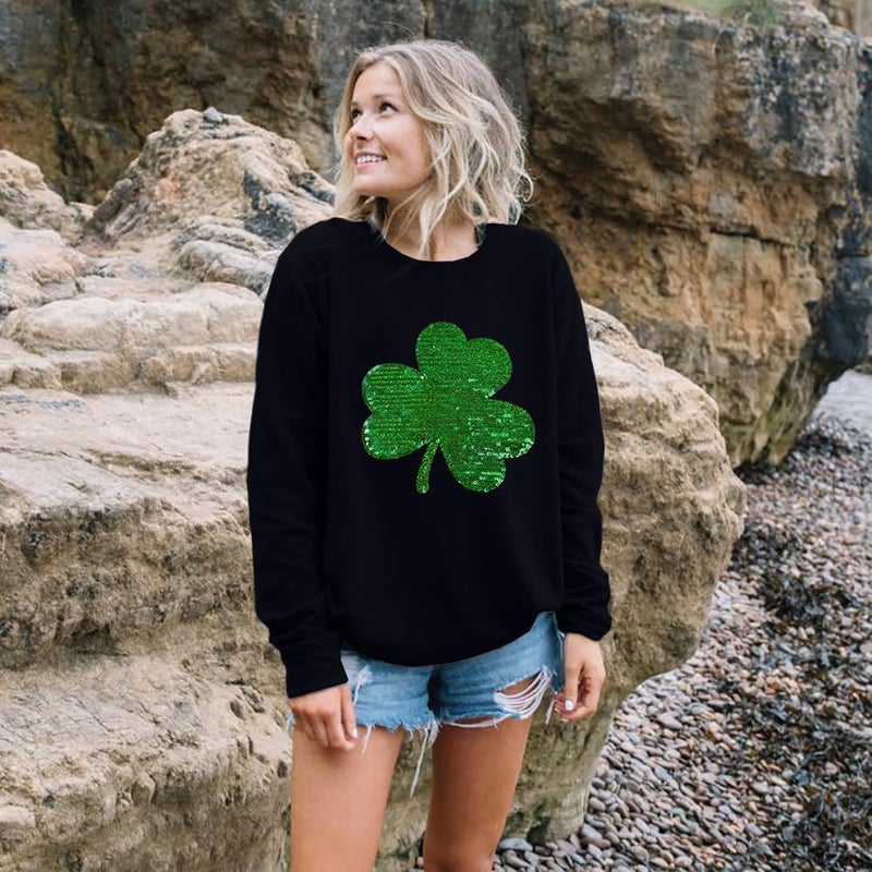 FAYALEQ St Patrick's Day Sweatshirt Women Shamrock Sequin Pullover Lucky Clover Hoodie Holiday Long Sleeve Tops - Image 3