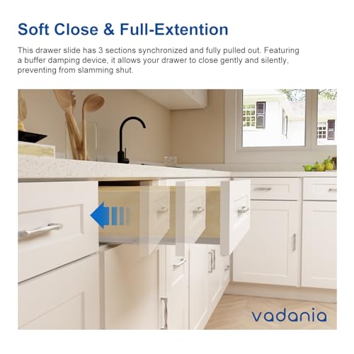 VADANIA 22" Undermount Drawer Slide, Soft Close, Bottom Mounted & Bottom Support, 88 lb Load Capacity, 3-Fold Full Extension, Non-Detachable, Invisible Drawer Slies,1 Pair(2-Pack) - Image 4
