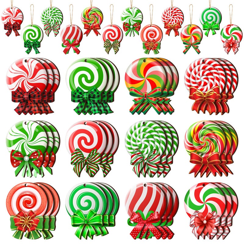 Yulejo 36 Pieces Peppermint Christmas Tree Ornaments Colorful Peppermint Wood Ornaments Lollipop Candy Christmas Ornaments GreenRed