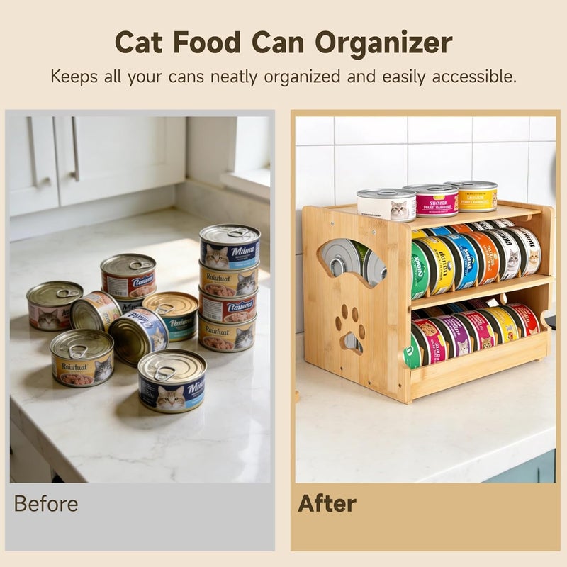 Wooden Cat Food Can Organizer, First-in-First-Out Auto Rotation Storage Rack, Holds 36 Cans (3 oz), Two Tier Pet Food Holder for Countertop, Pantry, Kitchen - Image 2