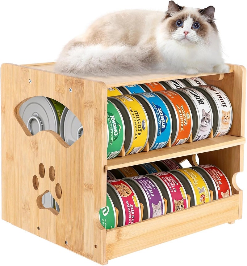 Wooden Cat Food Can Organizer, First-in-First-Out Auto Rotation Storage Rack, Holds 36 Cans (3 oz), Two Tier Pet Food Holder for Countertop, Pantry, Kitchen - Image 1