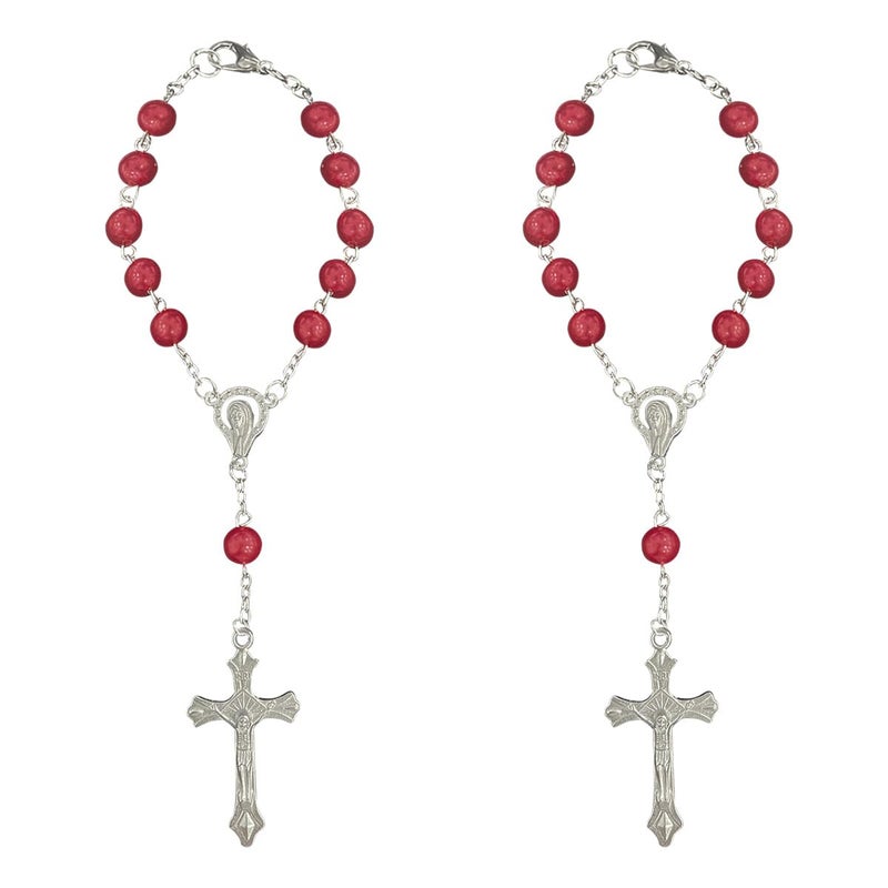 ZIMISI 2PCS Car Rosary for Rearview Mirrors Cross for Car Mirror Hanging Accessories Medal and Cross Rear View Mirror Charm Universal Hanging Ornament Pendant for Women Red - Image 3