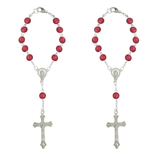 ZIMISI 2PCS Car Rosary for Rearview Mirrors Cross for Car Mirror Hanging Accessories Medal and Cross Rear View Mirror Charm Universal Hanging Ornament Pendant for Women Red - Image 1