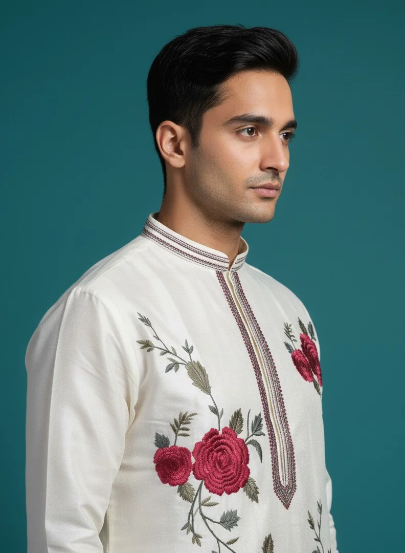 Lehar White Rose Embroidered Kurta Set