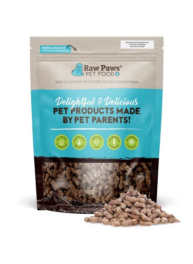 Raw Paws Freeze Dried Raw Ferret Food, Beef 16-oz - Made in USA - Premium, Grain Free Ferret Diet for Small, Adult, Senior & Baby Ferrets - Also use as Natural Ferret Treats for Rewarding & Training - Image 1