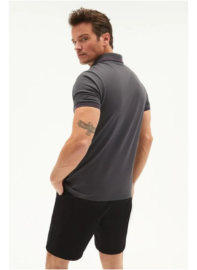 JUNE June Men Regular Fit Stripe Detailed Neck Polo Tshirt Anthracite
