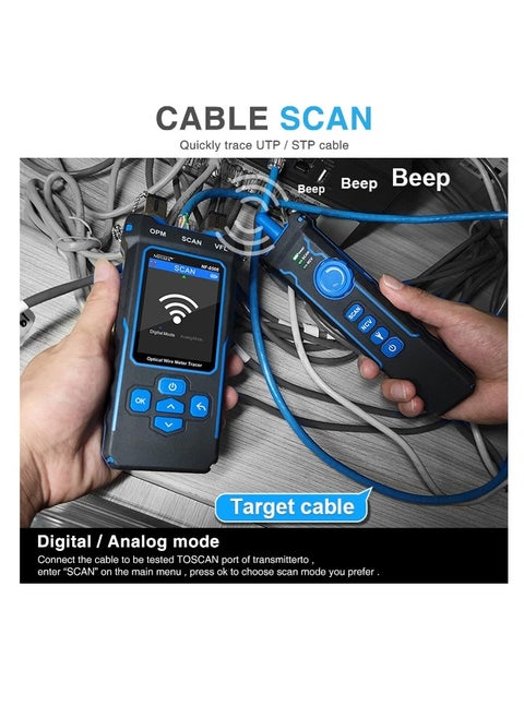 Network Cable Tester and Tracker, Fiber Tester, Network Cable Tester with Optical Power Meter VFL, RJ11 RJ45/PoE Tester/CAT5 CAT6/length Measurement, for Telephone, Ethernet, Video, PoE Tester