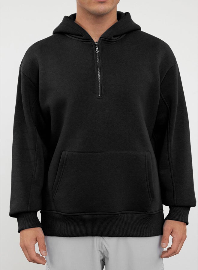 trendyol Black Oversize/Wide Cut Zippered Hooded Fleece Inside Basic Sweatshirt - Image 4
