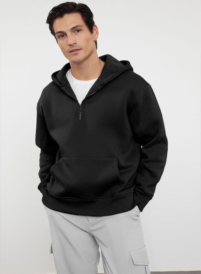trendyol Black Oversize/Wide Cut Zippered Hooded Fleece Inside Basic Sweatshirt - Image 1