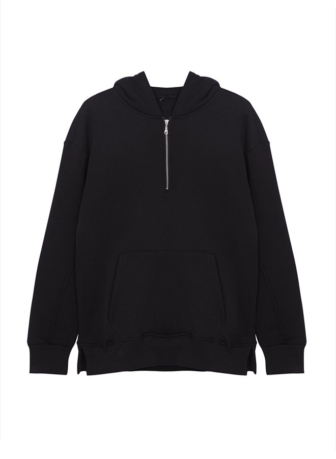 trendyol Black Oversize/Wide Cut Zippered Hooded Fleece Inside Basic Sweatshirt - Image 5