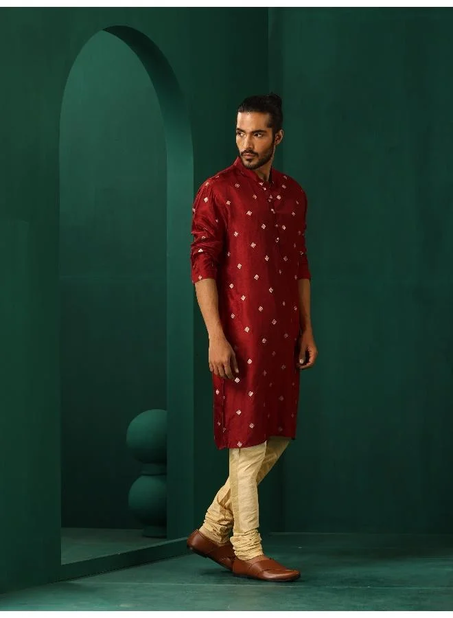 ترو برونز trueBrowns Men's Maroon Diamond Viscose Silk Long Kurta