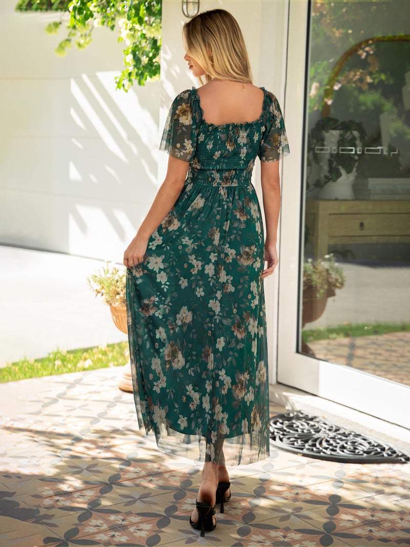 Simplee Womens Floral Maxi Dresses 2026 Summer Casual Square Neck Flutter Short Sleeve Smocked Mesh Flowy Boho Dress - Image 3