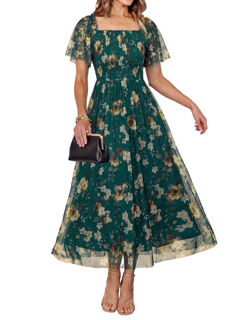 Simplee Womens Floral Maxi Dresses 2026 Summer Casual Square Neck Flutter Short Sleeve Smocked Mesh Flowy Boho Dress - Image 1