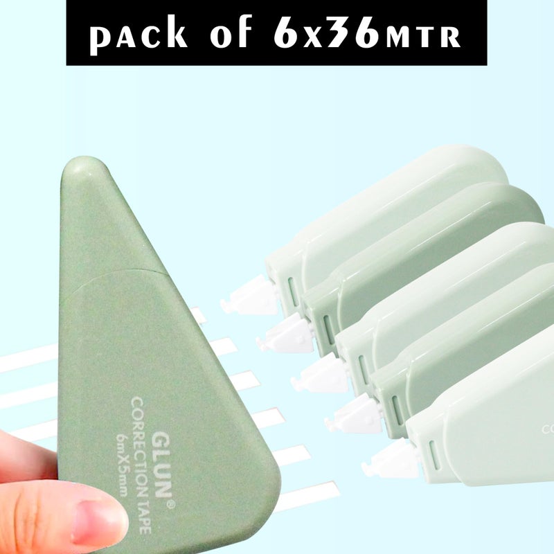 GLUN GLUN® White Stripe Correction Tape Pack of 6 (6M Each) White Strip Error Correction Tape 5mm Thickness with Front Cap use in Office, Schools, Project, & Assignment  - Image 2