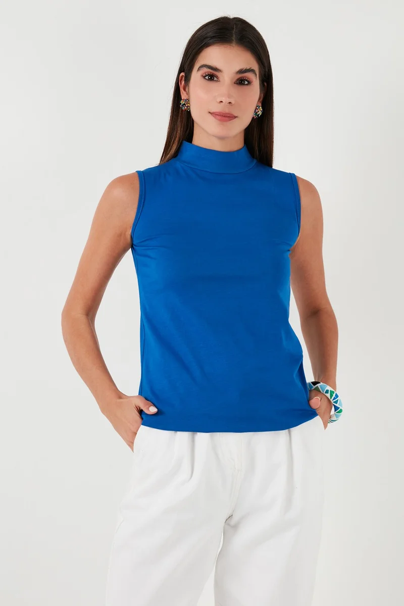 ليلا Cotton Sleeveless High Collar T Shirt Women's T Shirt 5865710