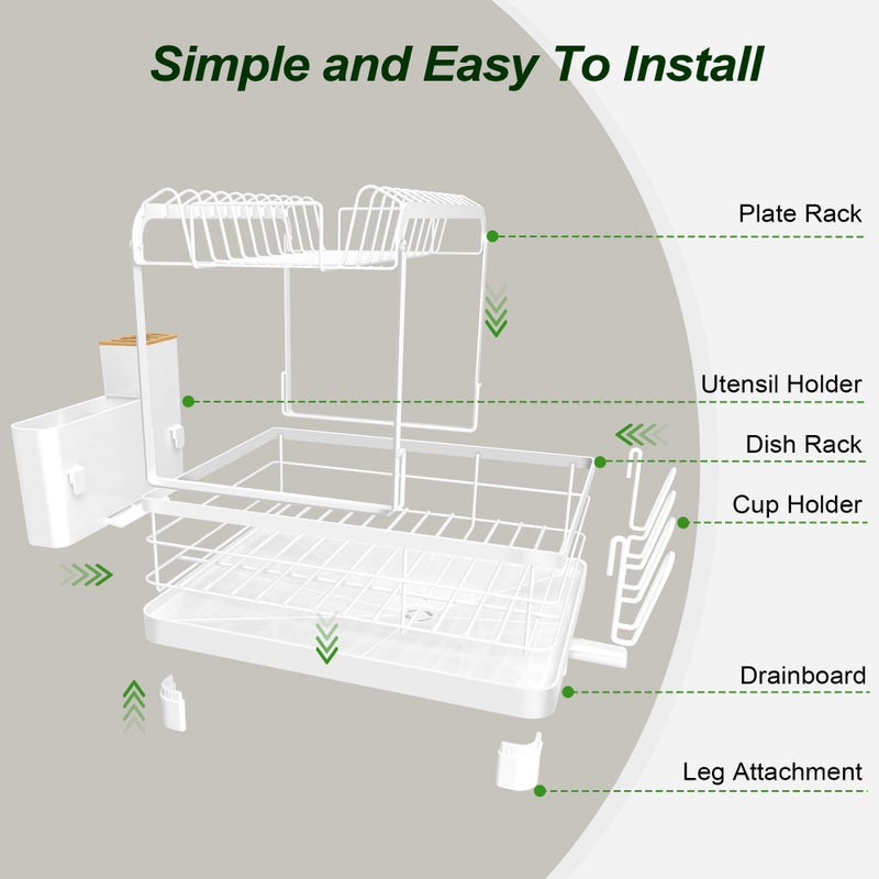 Runnatal Dish Rack with Drainboard, 2-Tier Dish Drying Rack for Kitchen Counter and Sink, Detachable 2-in-1 Utensil Holder, Cup Holder, Large Capacity Dish Drainer, White - Image 4