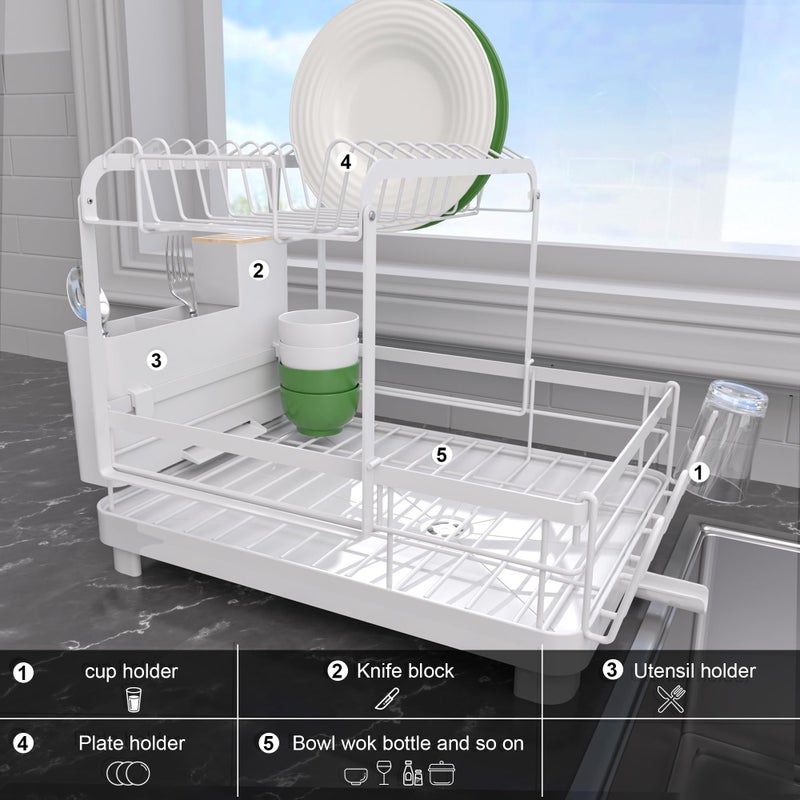Runnatal Dish Rack with Drainboard, 2-Tier Dish Drying Rack for Kitchen Counter and Sink, Detachable 2-in-1 Utensil Holder, Cup Holder, Large Capacity Dish Drainer, White - Image 3