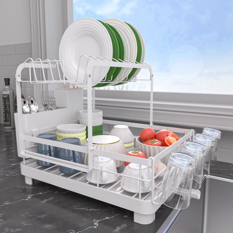 Runnatal Dish Rack with Drainboard, 2-Tier Dish Drying Rack for Kitchen Counter and Sink, Detachable 2-in-1 Utensil Holder, Cup Holder, Large Capacity Dish Drainer, White - Image 1