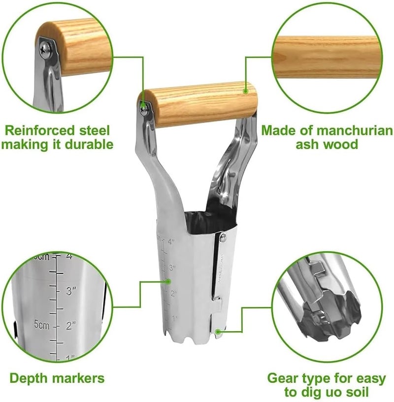 Yindeful Bulb Planter Tool, 4 Inches Depth Mark Hand Bulb Planter, Non-Bending Stainless Steel Bulb Planter Digger, Garden Bulb Transplanter with Comfortable Grip Wooden Handle for Tulip and Daffodils - Image 1