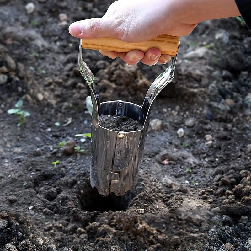 Yindeful Bulb Planter Tool, 4 Inches Depth Mark Hand Bulb Planter, Non-Bending Stainless Steel Bulb Planter Digger, Garden Bulb Transplanter with Comfortable Grip Wooden Handle for Tulip and Daffodils - Image 3