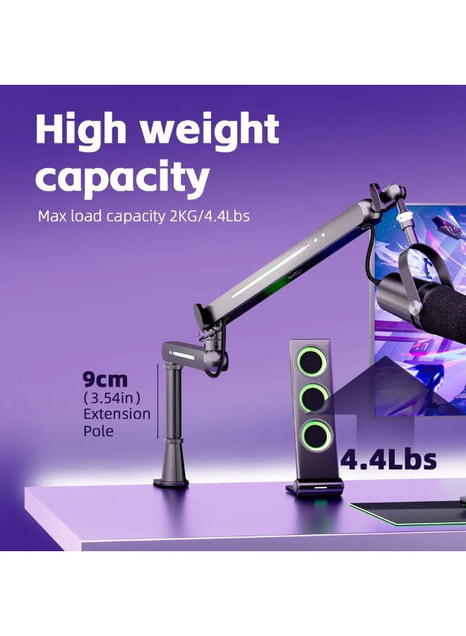 ذراع ميكروفون ZFSZ RGB قابل للتعديل عالي التحمل، حامل ميكروفون مع مشبك مكتبي وقضيب تمديد للألعاب والبث المباشر والبودكاست - Image 4